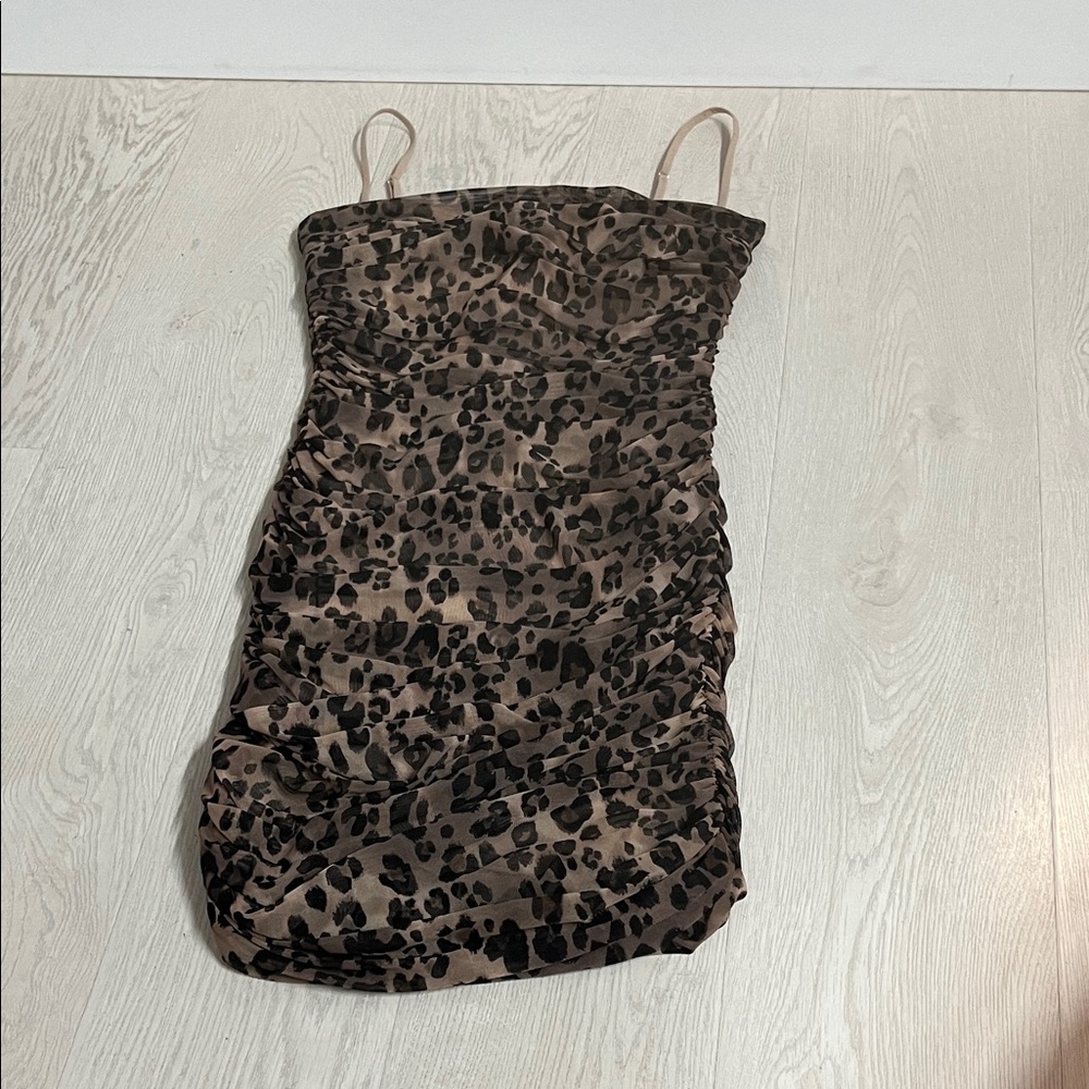 Babaton Nude Mesh Slip Dress with Leopard Overlay